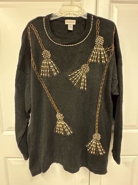 VTG Adrian Jordan Holiday Sweater Beaded Tassel Design Ramie/Cotton 2X Black